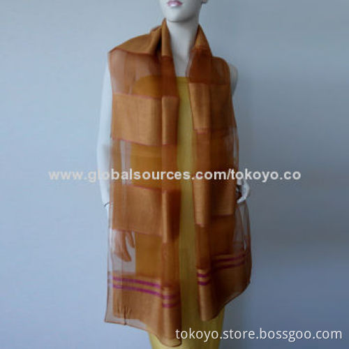 Silk scarf with brown stripes and metallic, up market, yarn dyed, measures 180*70cm